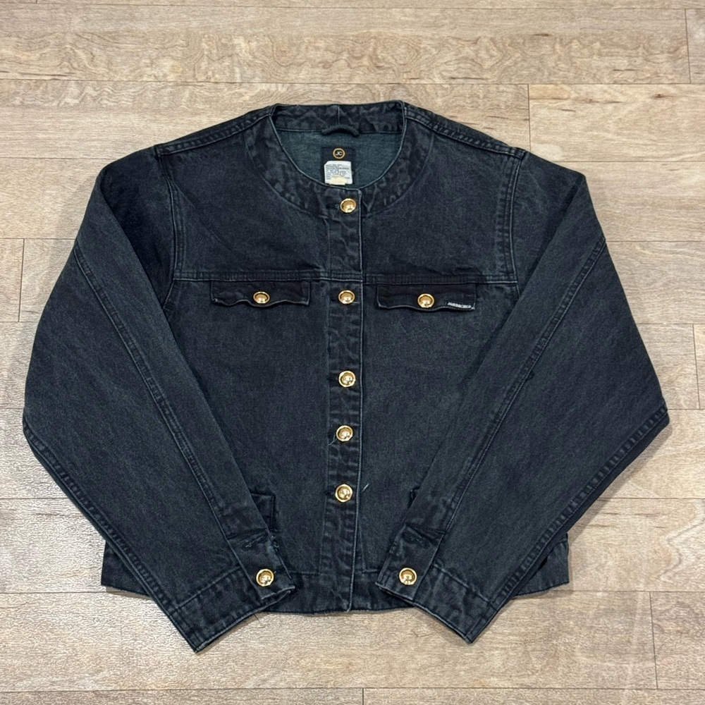 Vintage Jordache Black Denim Jean Jacket Collarless Gold Tone Size Large
